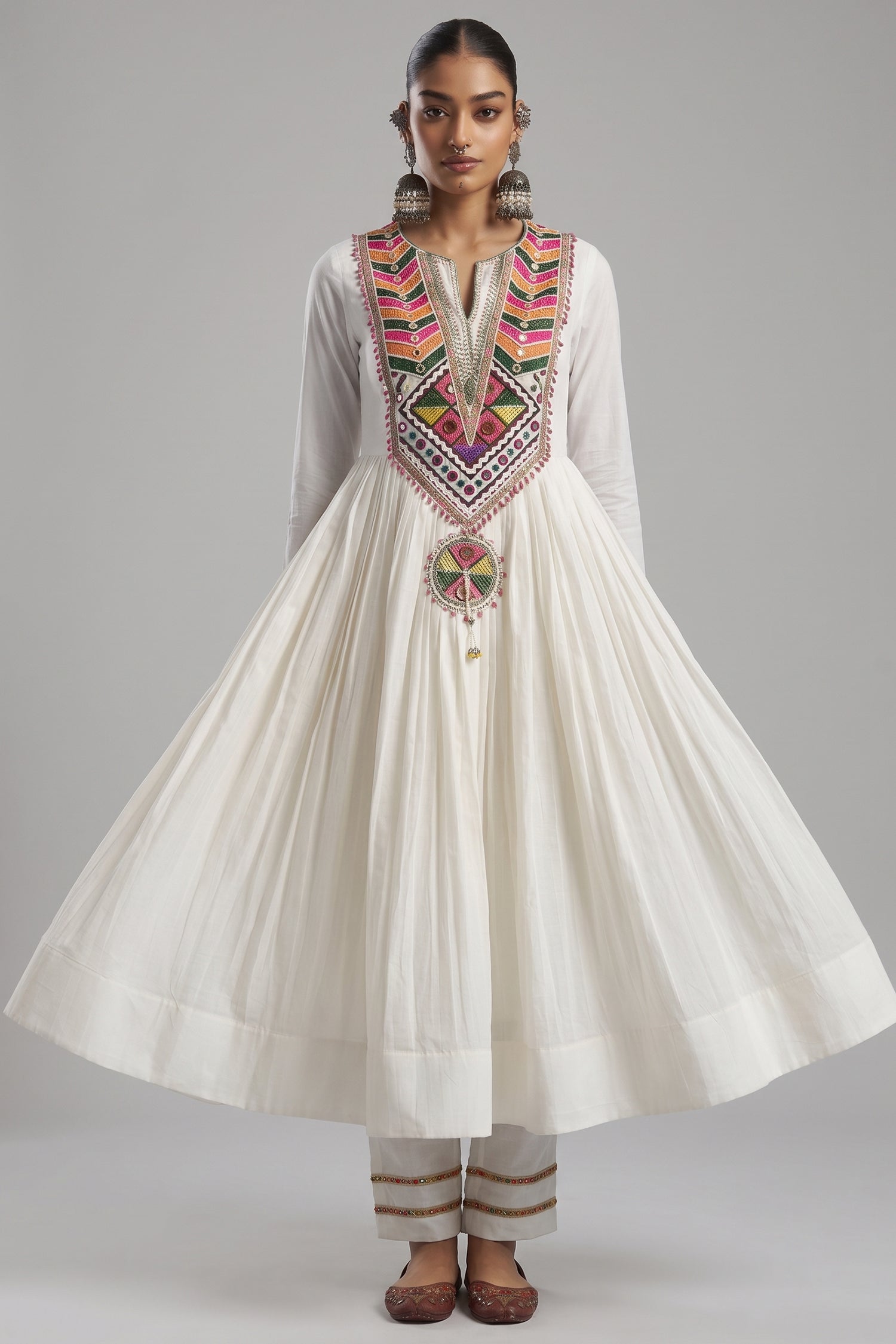 Off White Cotton Anarkali Kurti with Vibrant Kutchi Yoke & Tassels