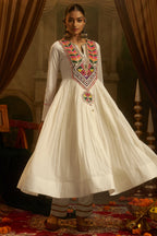 Off White Cotton Anarkali Kurti with Vibrant Kutchi Yoke & Tassels
