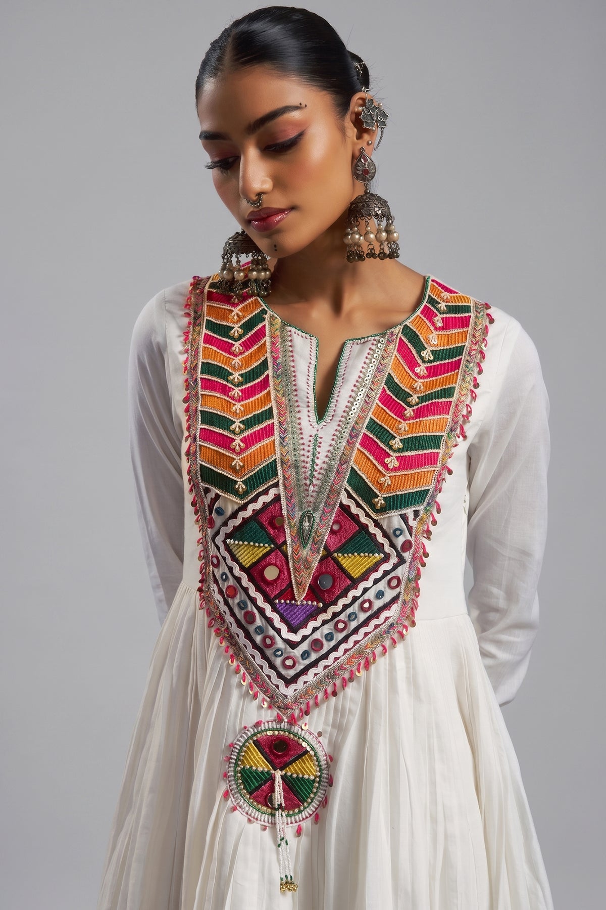 Off White Cotton Anarkali Kurti with Vibrant Kutchi Yoke & Tassels