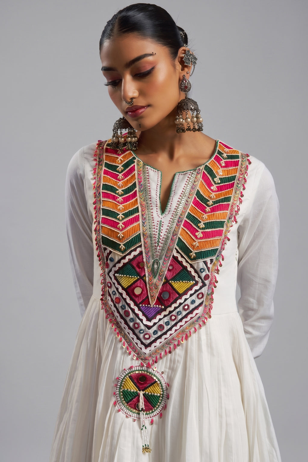 Off White Cotton Anarkali Kurti with Vibrant Kutchi Yoke & Tassels