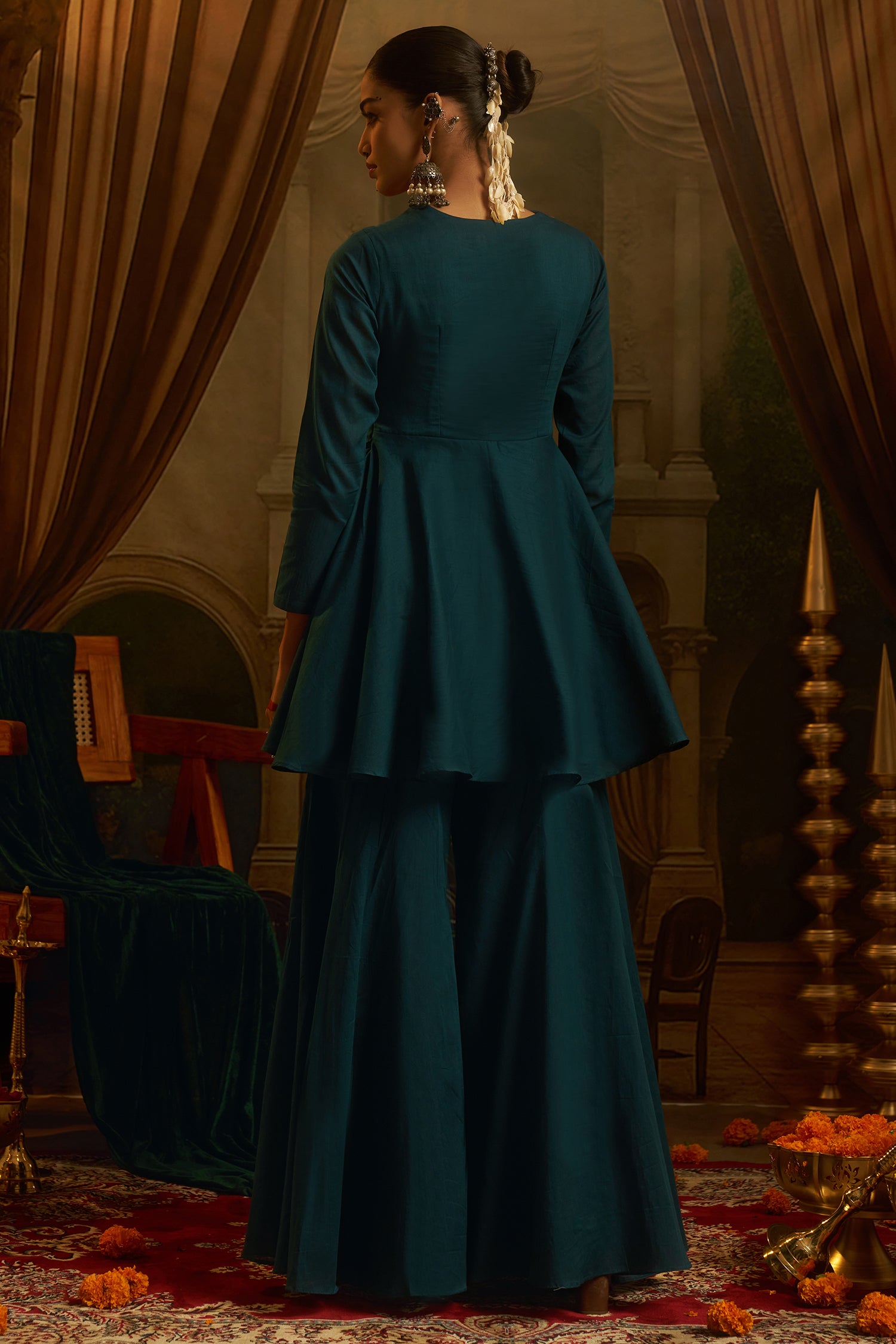 Teal Blue Cotton Kutchi Embroidered Short Kurta with Sharara Set