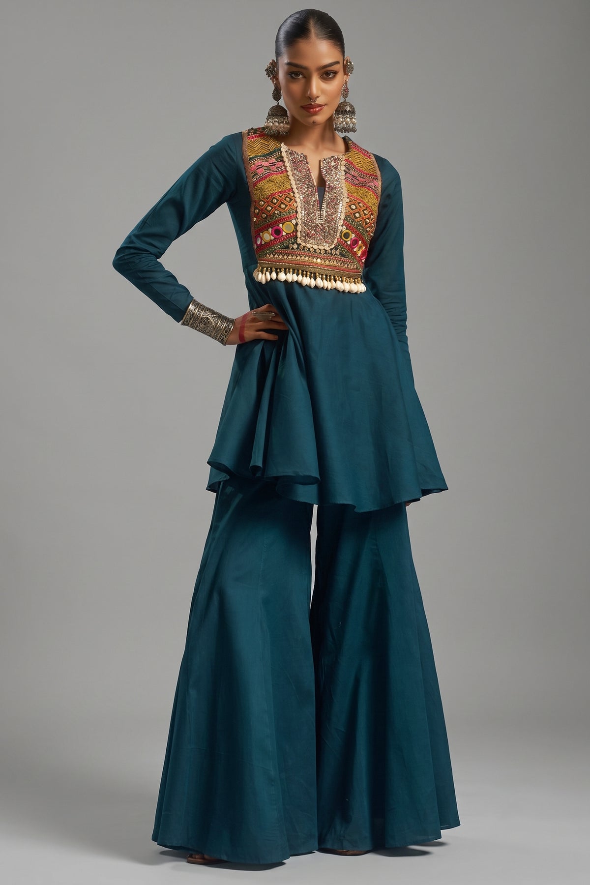 Teal Blue Cotton Kutchi Embroidered Short Kurta with Sharara Set