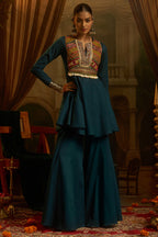 Teal Blue Cotton Kutchi Embroidered Short Kurta with Sharara Set