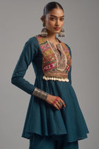 Teal Blue Cotton Kutchi Embroidered Short Kurta with Sharara Set