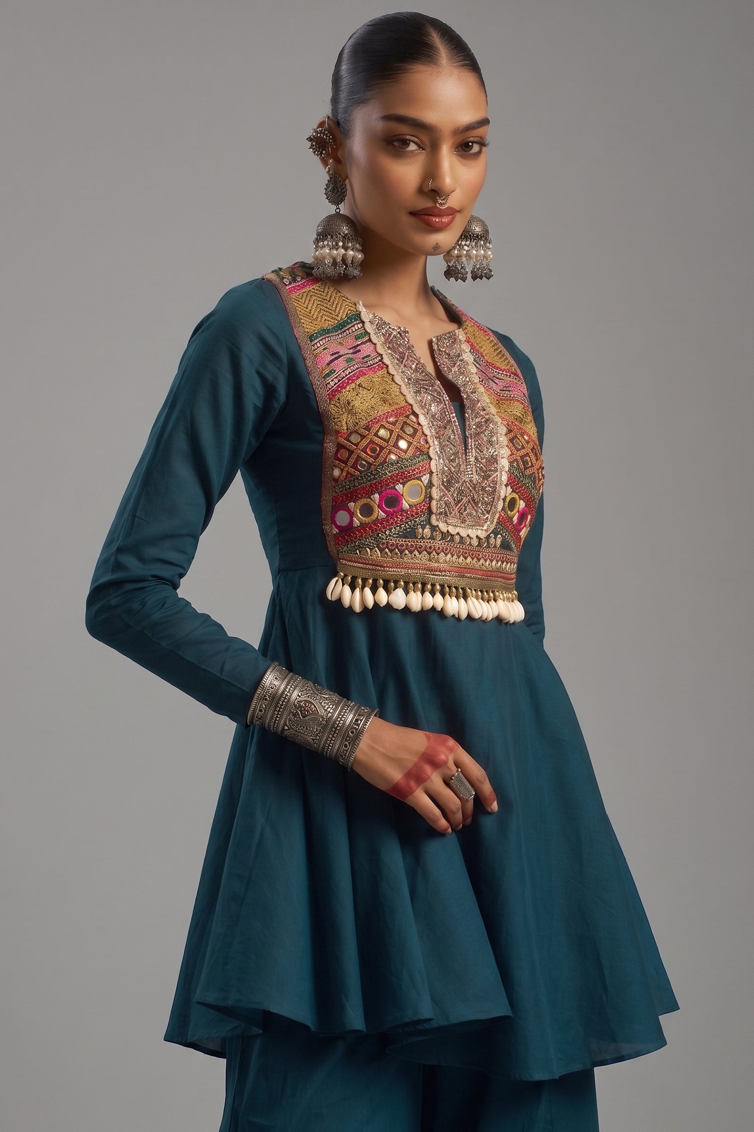 Teal Blue Cotton Kutchi Embroidered Short Kurta with Sharara Set