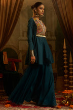 Teal Blue Cotton Kutchi Embroidered Short Kurta with Sharara Set
