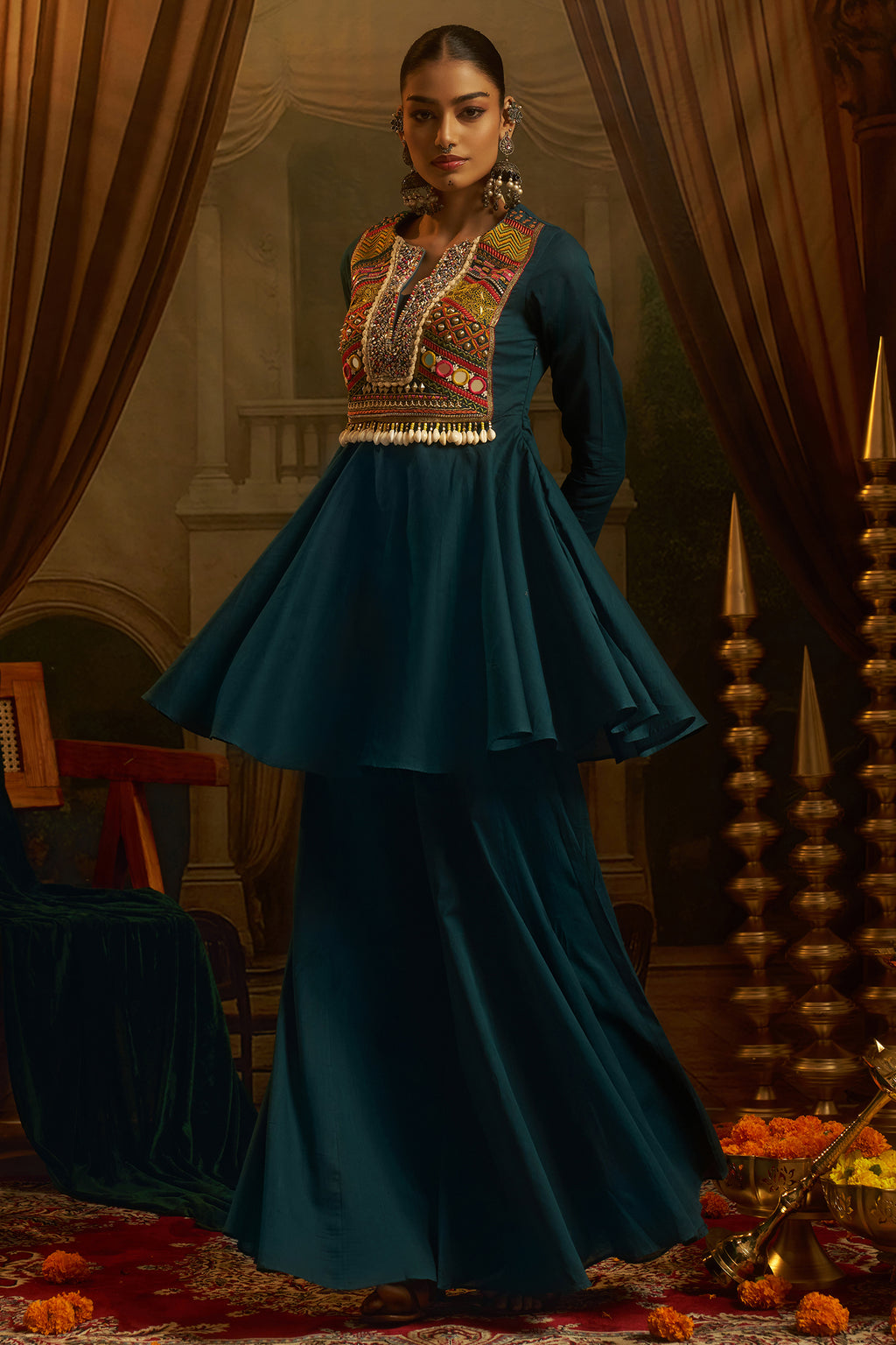 Teal Blue Cotton Kutchi Embroidered Short Kurta with Sharara Set