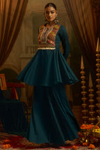 Teal Blue Cotton Kutchi Embroidered Short Kurta with Sharara Set