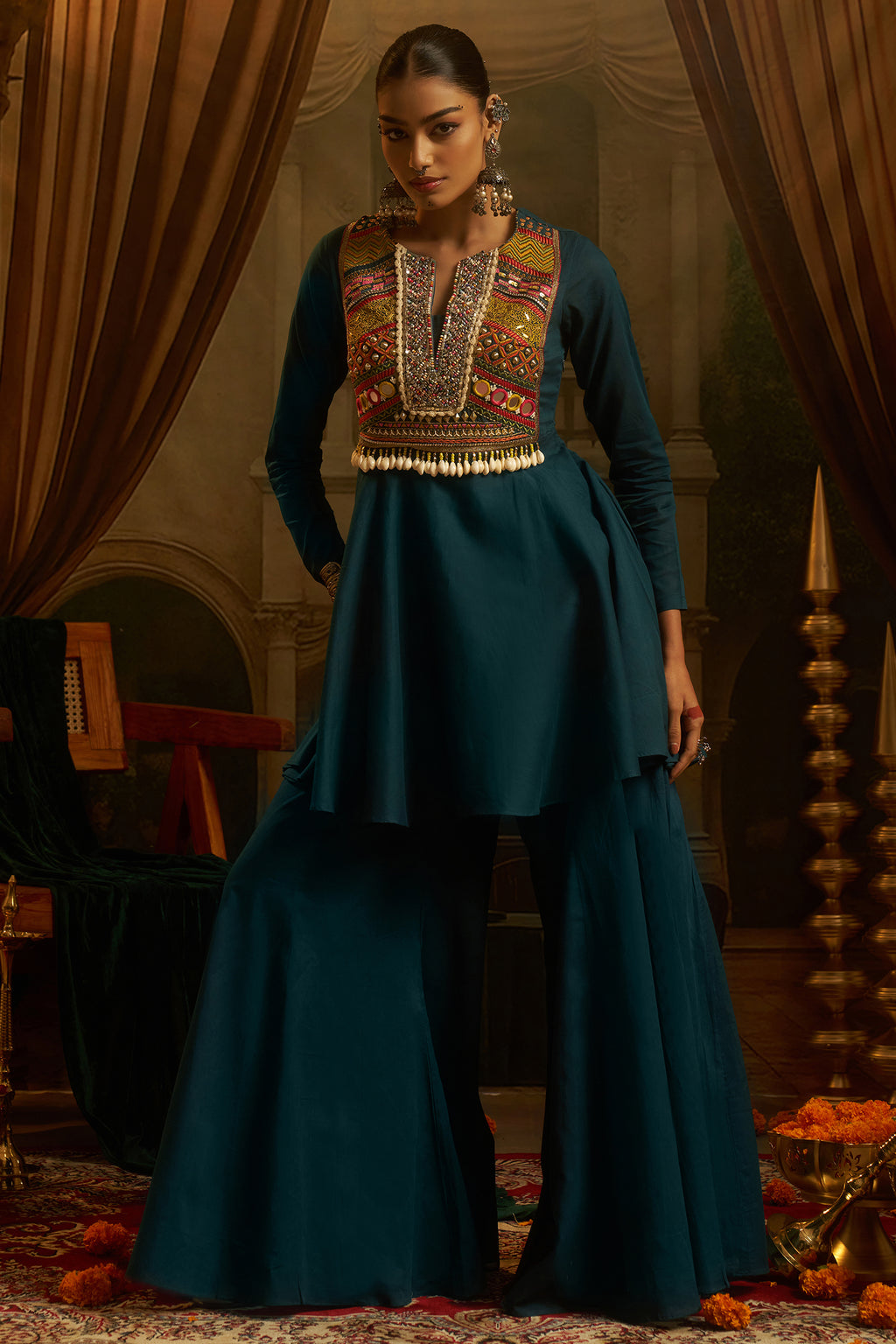 Teal Blue Cotton Kutchi Embroidered Short Kurta with Sharara Set