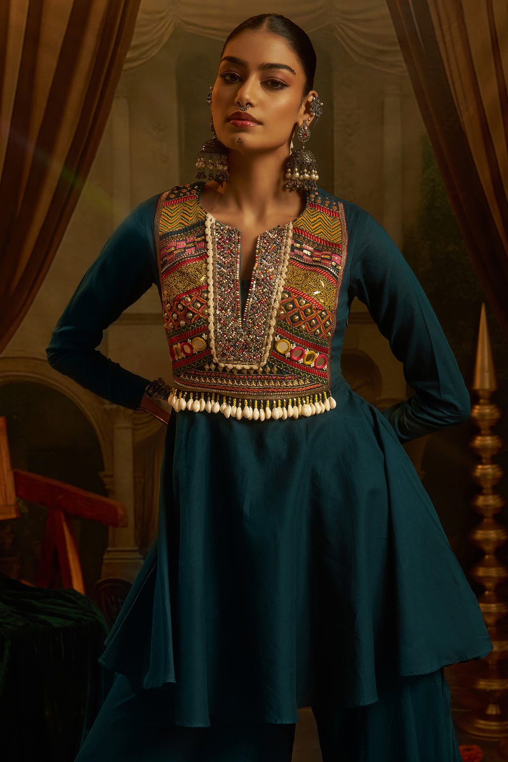 Teal Blue Cotton Kutchi Embroidered Short Kurta with Sharara Set