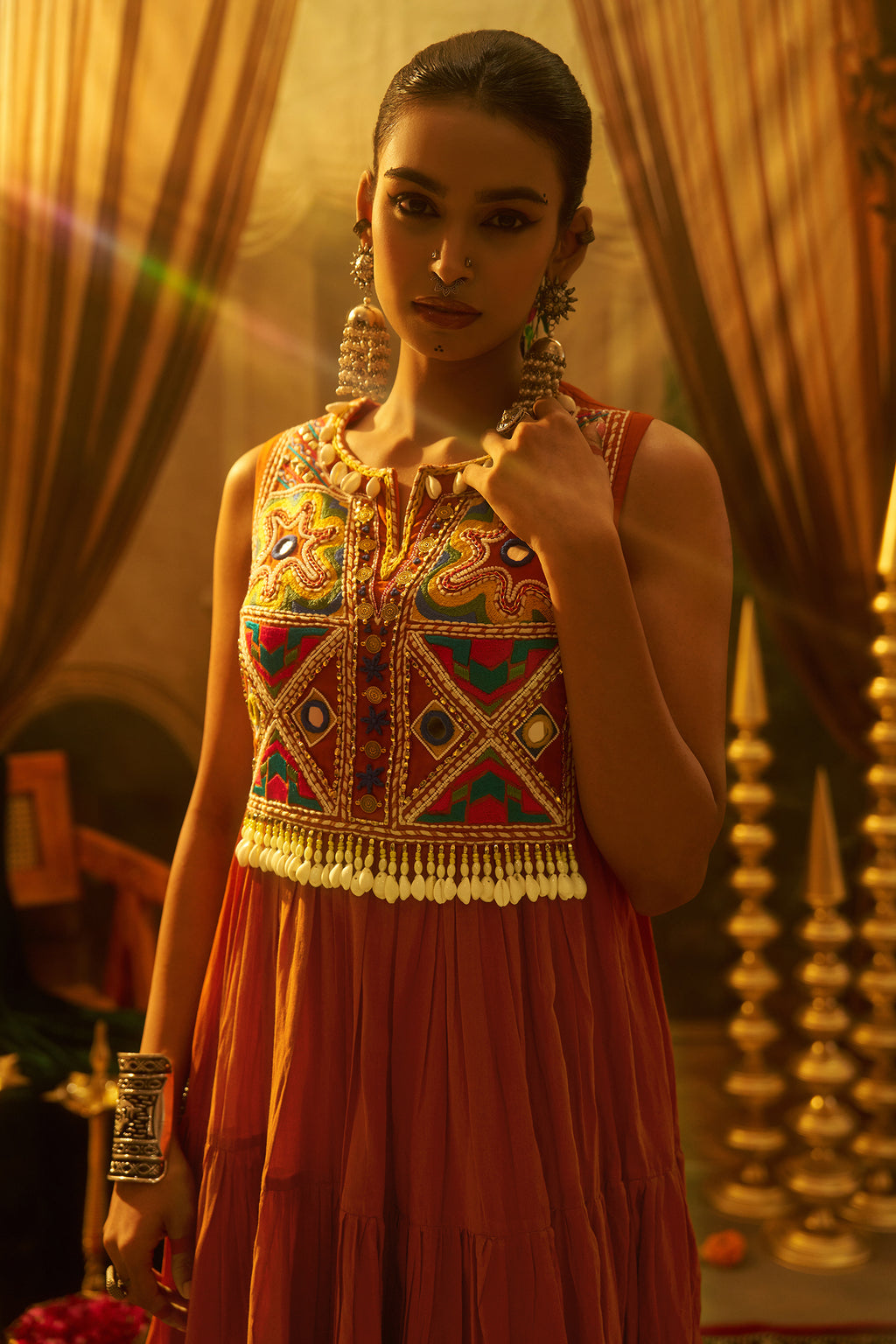 Rust Orange Cotton Kutchi Embroidered Kurti