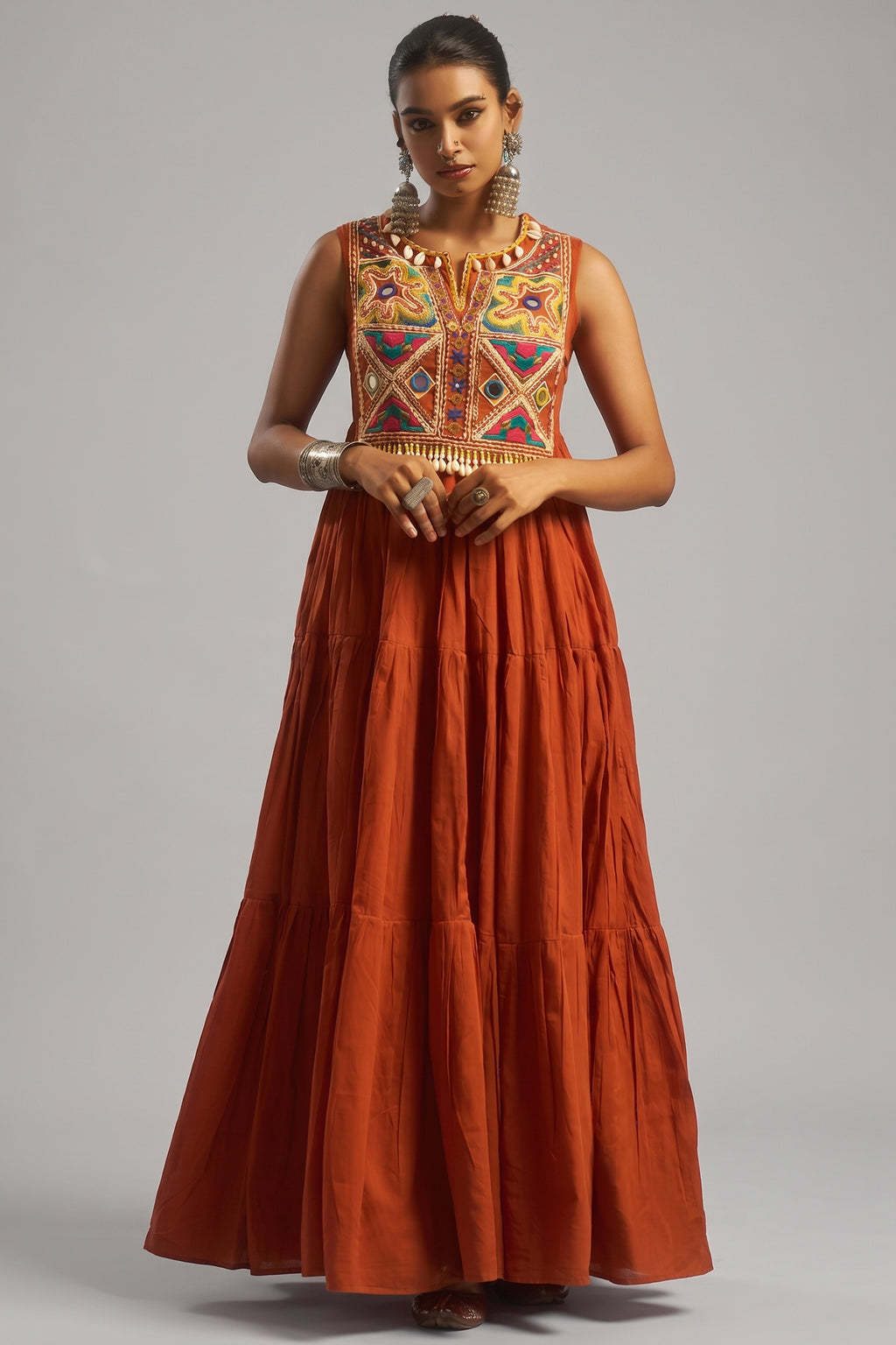 Rust Orange Cotton Kutchi Embroidered Kurti