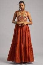 Rust Orange Cotton Kutchi Embroidered Kurti