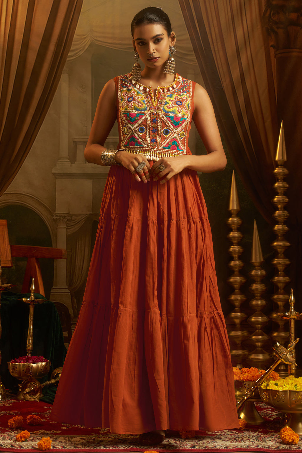Rust Orange Cotton Kutchi Embroidered Kurti