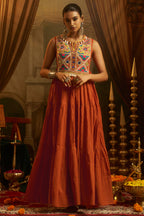 Rust Orange Cotton Kutchi Embroidered Kurti