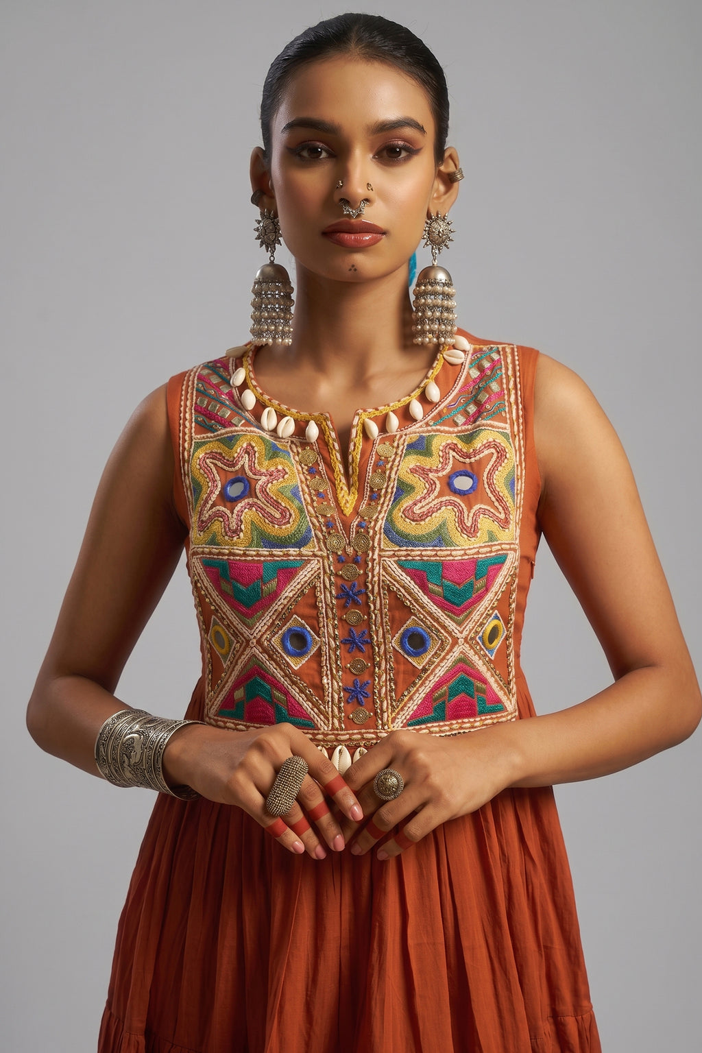 Rust Orange Cotton Kutchi Embroidered Kurti