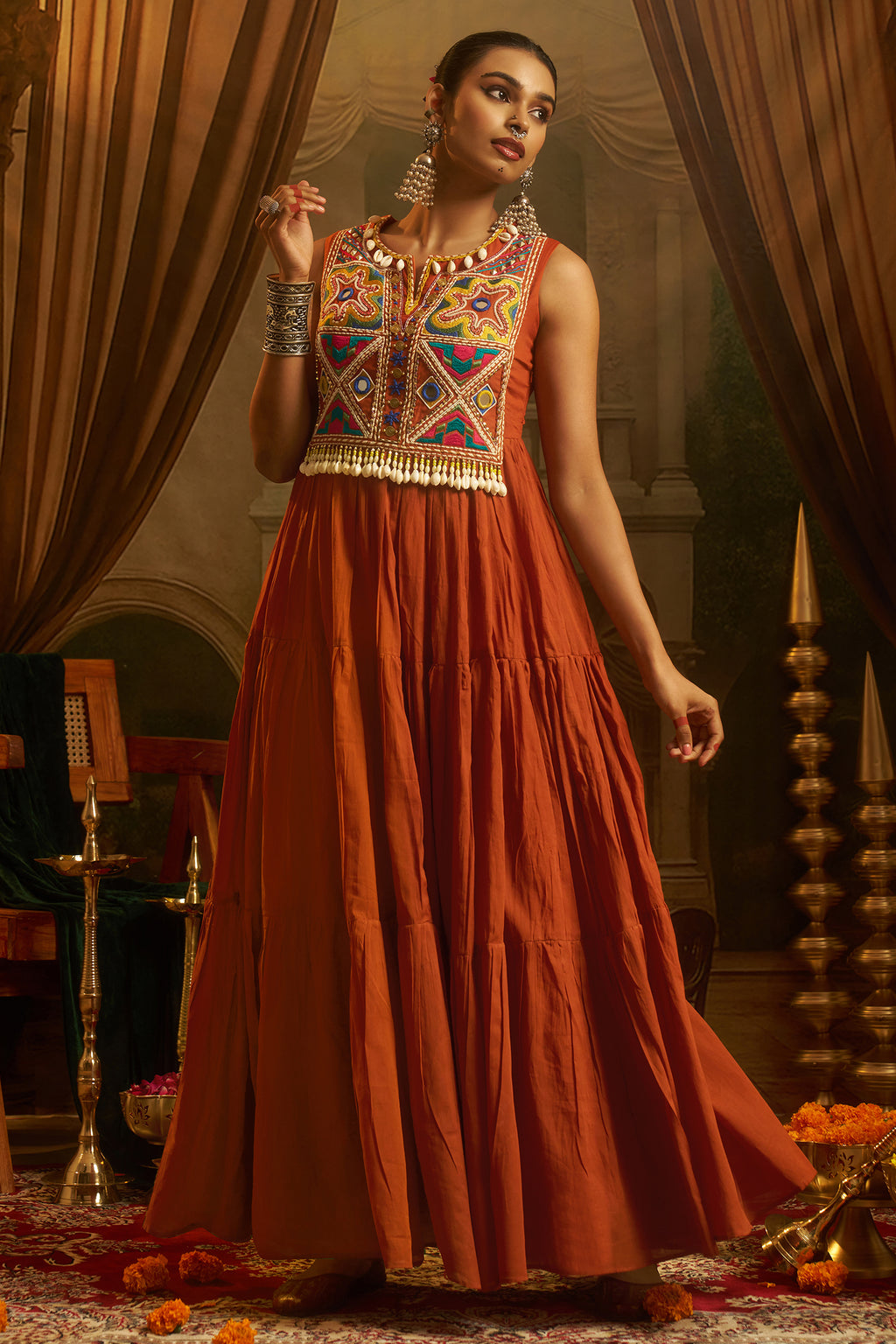 Rust Orange Cotton Kutchi Embroidered Kurti