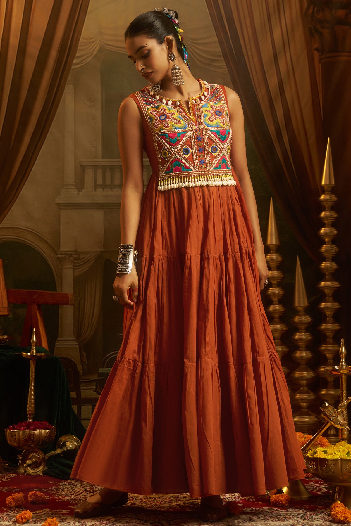 Rust Orange Cotton Kutchi Embroidered Kurti