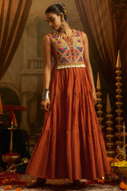 Rust Orange Cotton Kutchi Embroidered Kurti