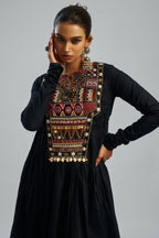 Black Cotton Kutchi Hand Embroidered Flared Kurta with Pant