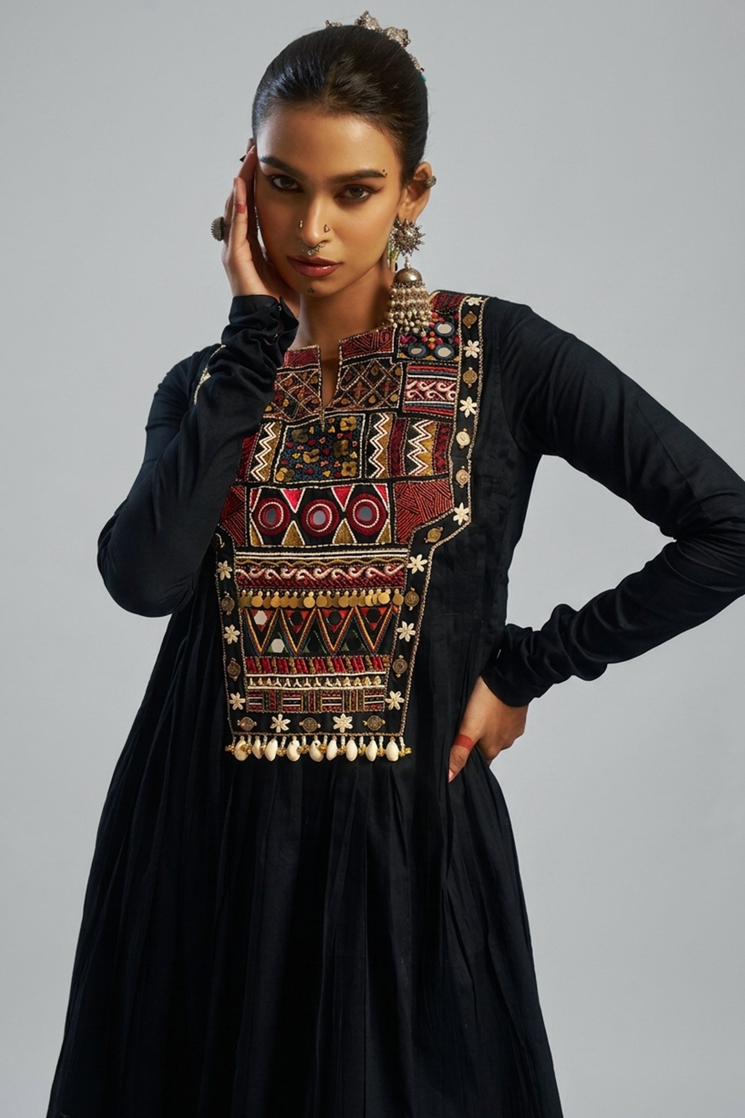 Black Cotton Kutchi Hand Embroidered Flared Kurta with Pant