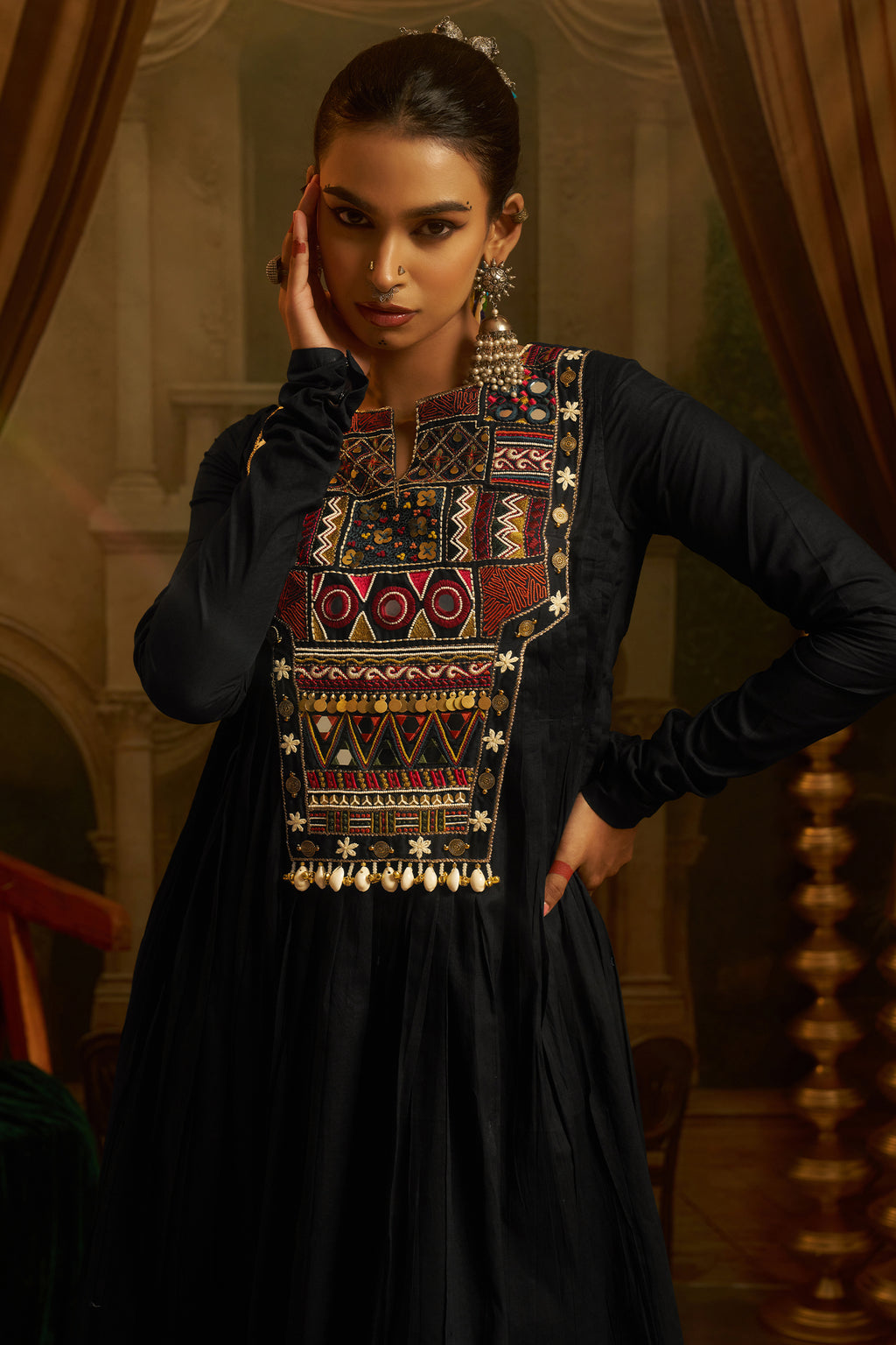 Black Cotton Kutchi Hand Embroidered Flared Kurta with Pant