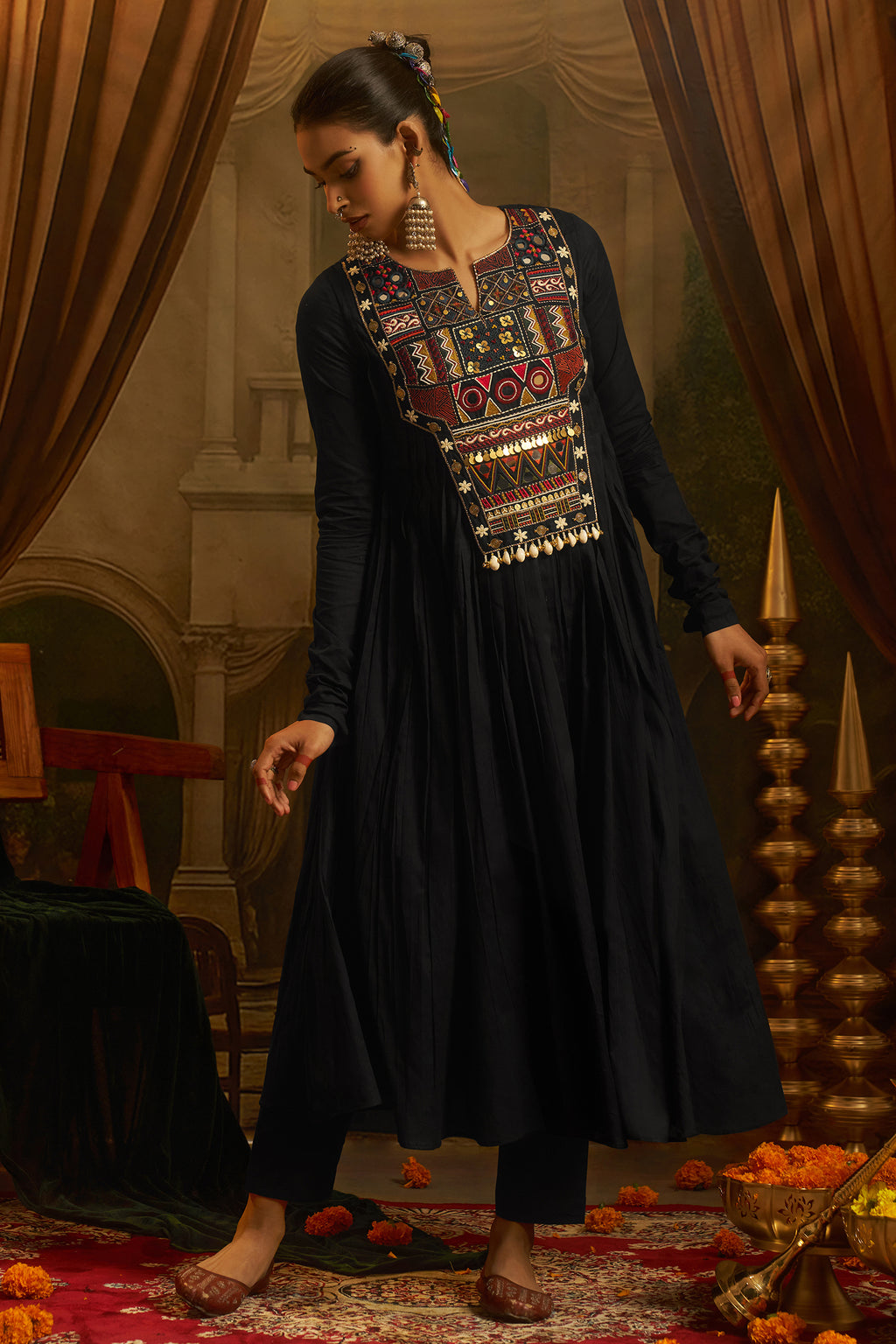 Black Cotton Kutchi Hand Embroidered Flared Kurta with Pant