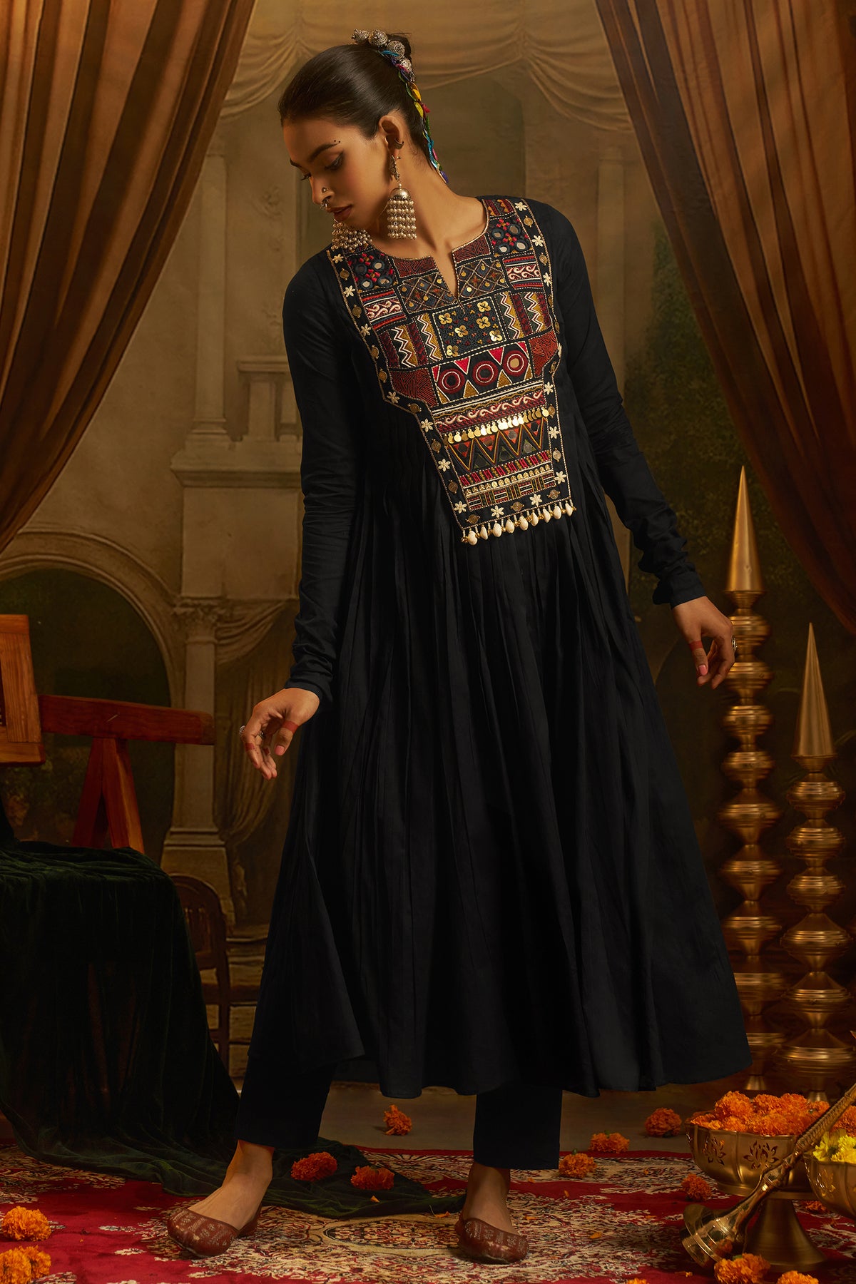 Black Cotton Kutchi Hand Embroidered Flared Kurta with Pant