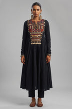Black Cotton Kutchi Hand Embroidered Flared Kurta with Pant