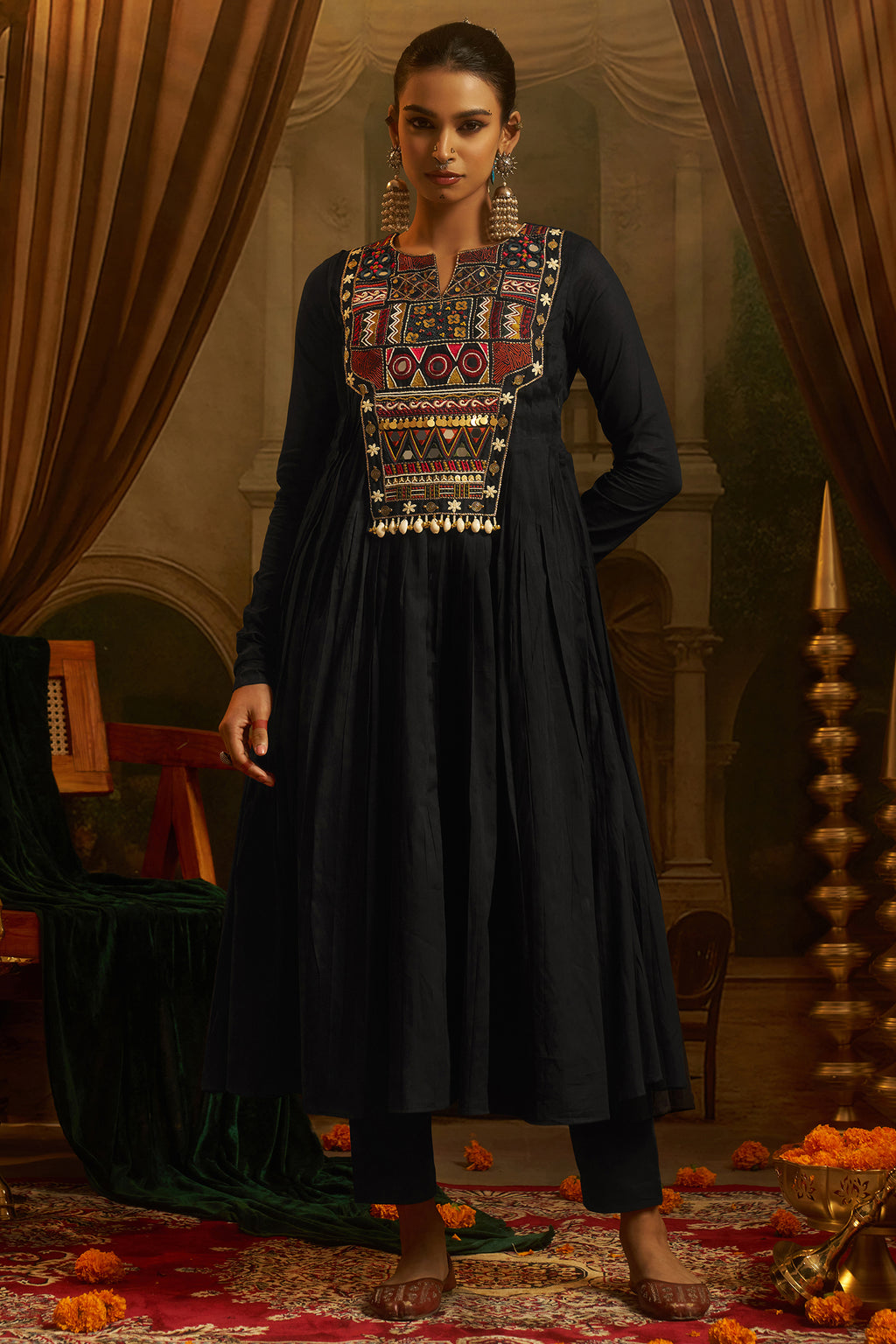 Black Cotton Kutchi Hand Embroidered Flared Kurta with Pant