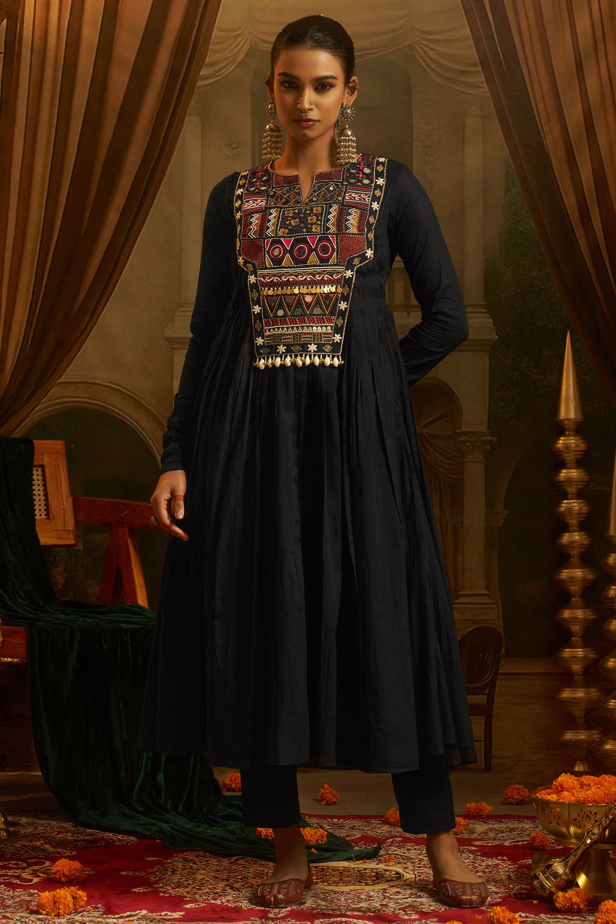 Black Cotton Kutchi Hand Embroidered Flared Kurta with Pant