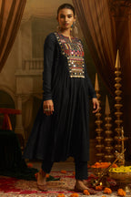 Black Cotton Kutchi Hand Embroidered Flared Kurta with Pant