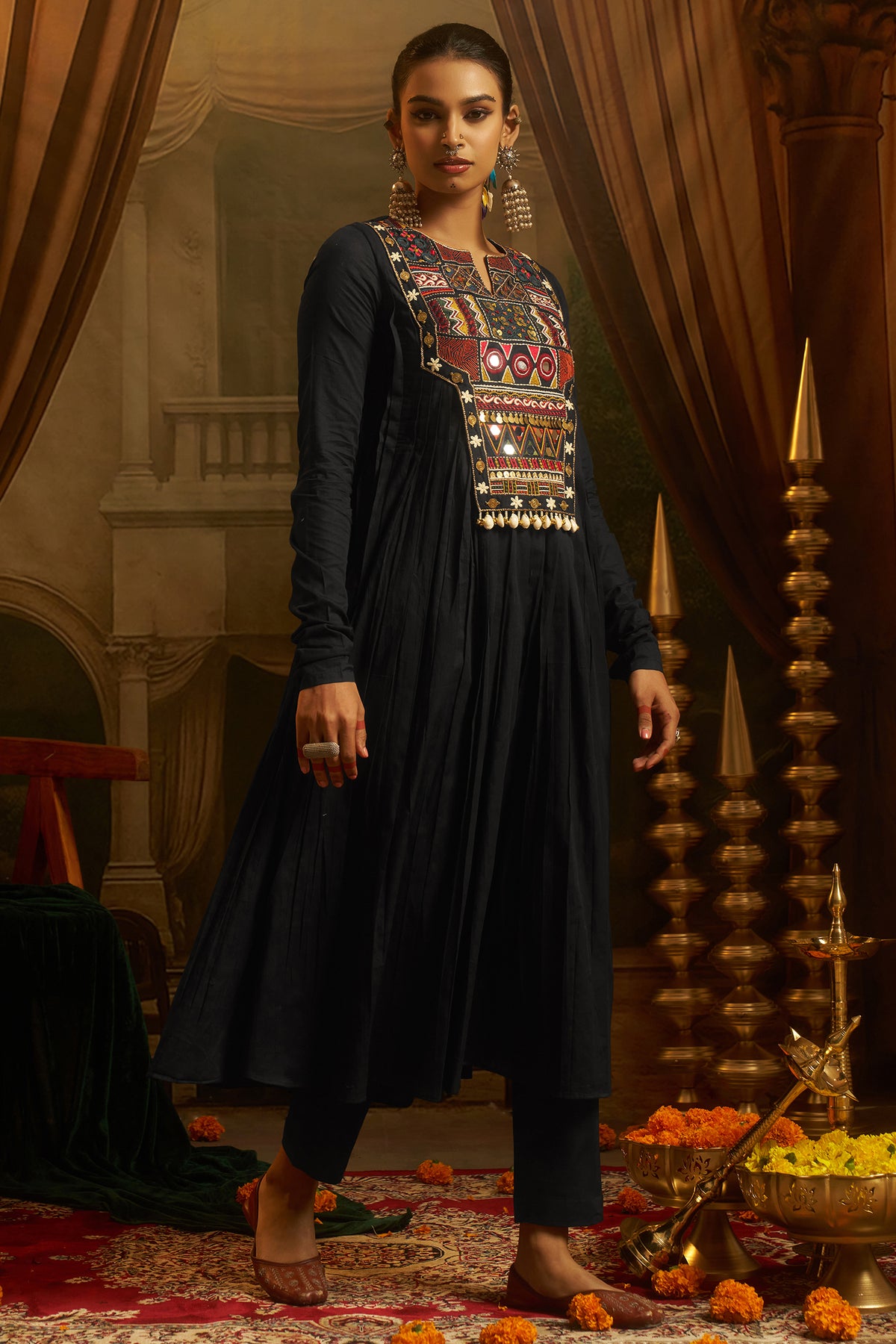 Black Cotton Kutchi Hand Embroidered Flared Kurta with Pant