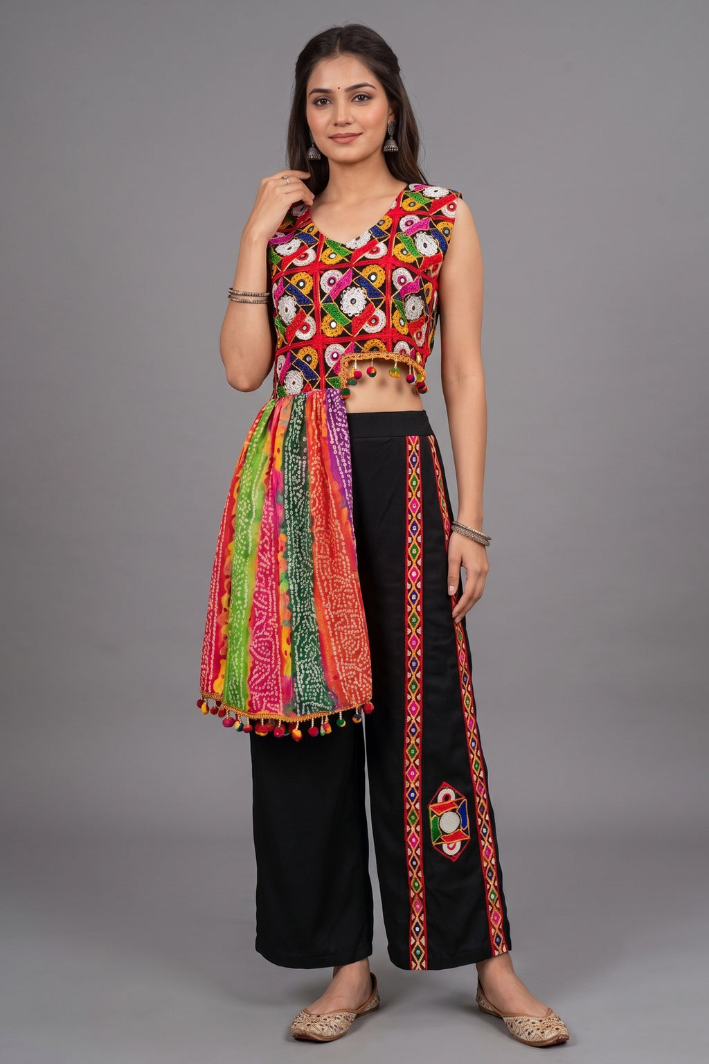 Black Chinon Embroidered Top with Bandhani Drape and Pants Set