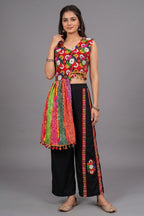 Black Chinon Embroidered Top with Bandhani Drape and Pants Set