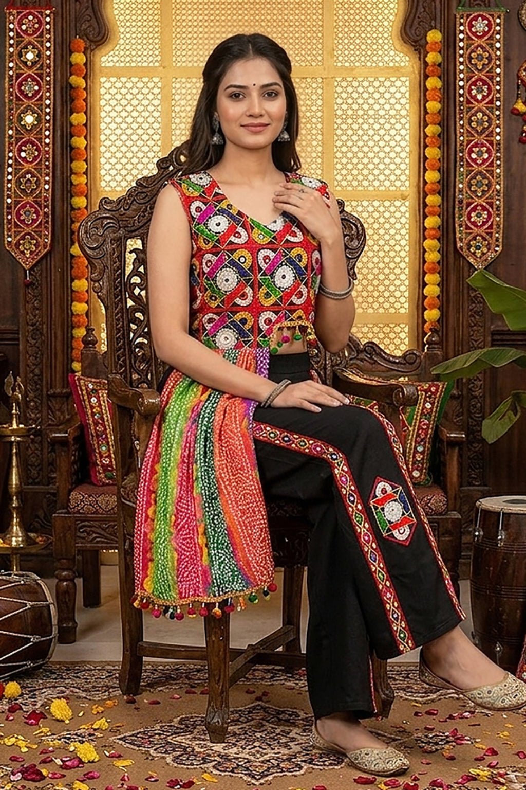 Black Chinon Embroidered Top with Bandhani Drape and Pants Set