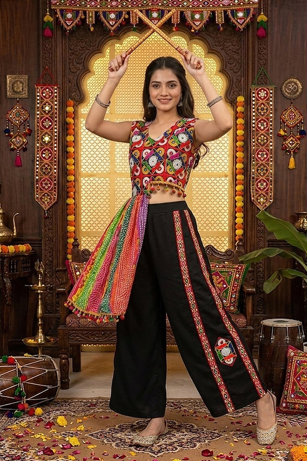 Black Chinon Embroidered Top with Bandhani Drape and Pants Set