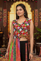 Black Chinon Embroidered Top with Bandhani Drape and Pants Set