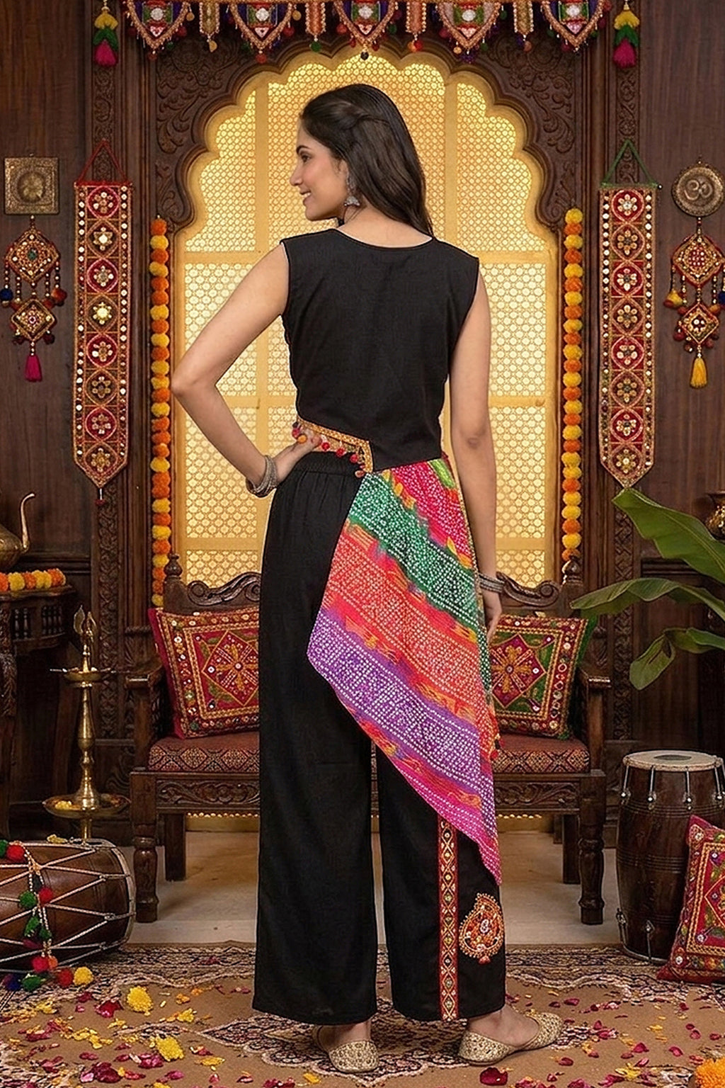 Black Chinon Embroidered Top with Bandhani Drape and Pants Set