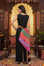 Black Chinon Embroidered Top with Bandhani Drape and Pants Set