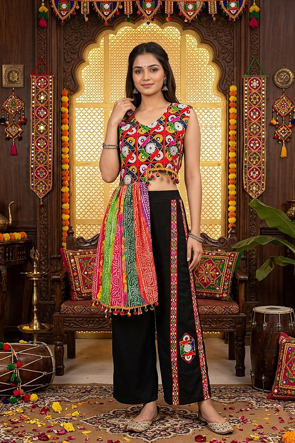 Black Chinon Embroidered Top with Bandhani Drape and Pants Set