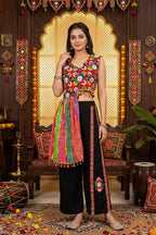 Black Chinon Embroidered Top with Bandhani Drape and Pants Set