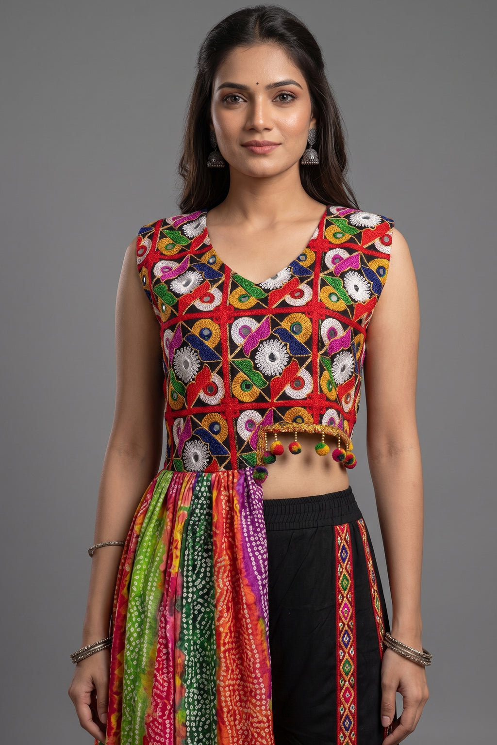 Black Chinon Embroidered Top with Bandhani Drape and Pants Set