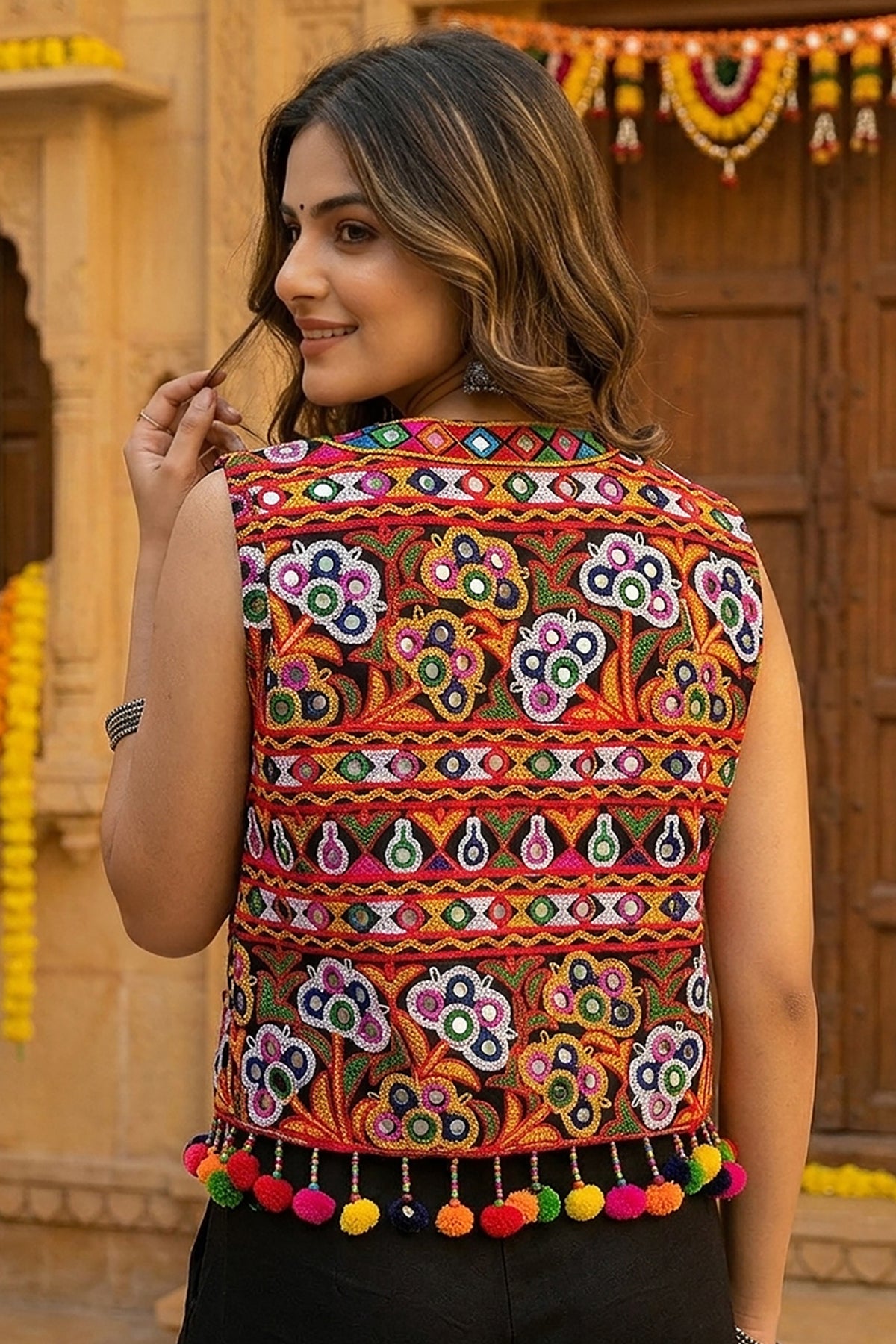 Black Cotton Kutchi Mirror Work Jacket