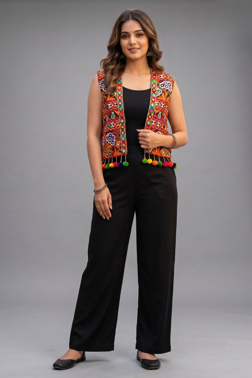 Black Cotton Kutchi Mirror Work Jacket