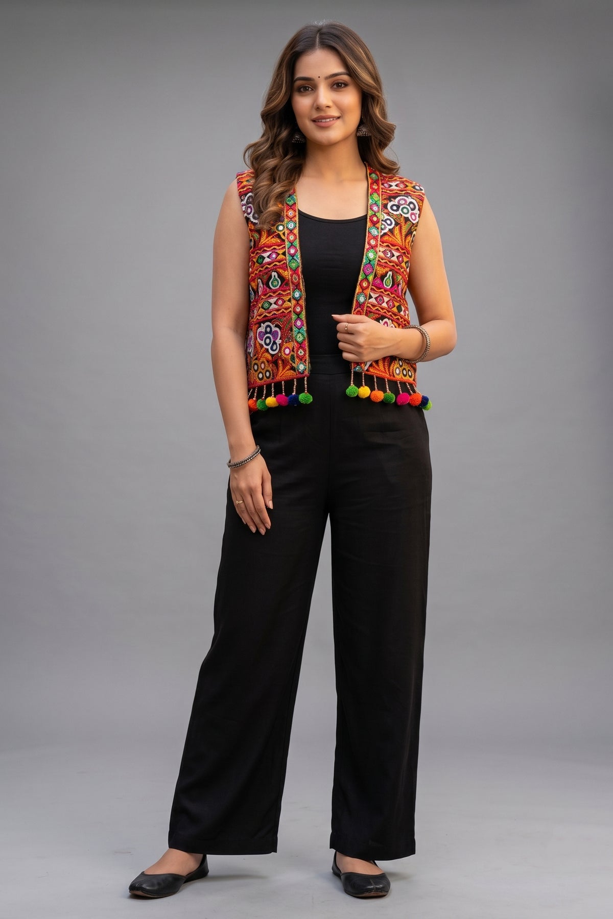 Black Cotton Kutchi Mirror Work Jacket
