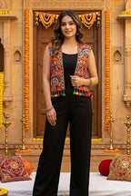 Black Cotton Kutchi Mirror Work Jacket