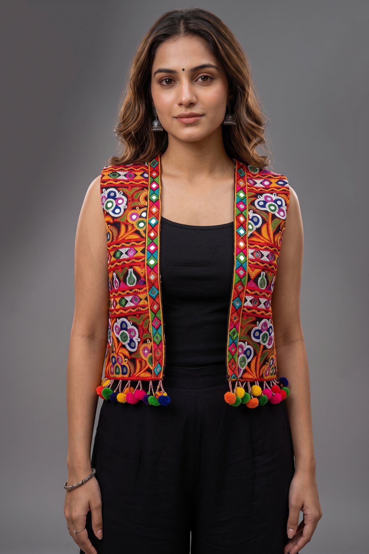 Black Cotton Kutchi Mirror Work Jacket