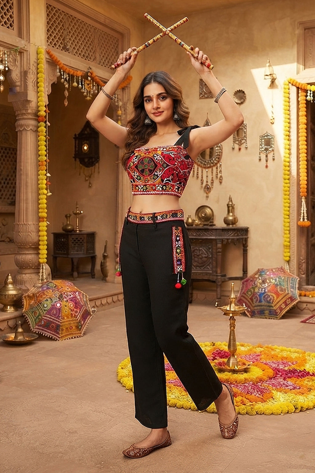 Black Cotton Kutchi Mirror Bustier Top and Pocket-Detail Pant Set