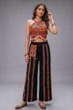 Black Cotton Kutchi Mirror Halter Top and Side-Striped Pant Set